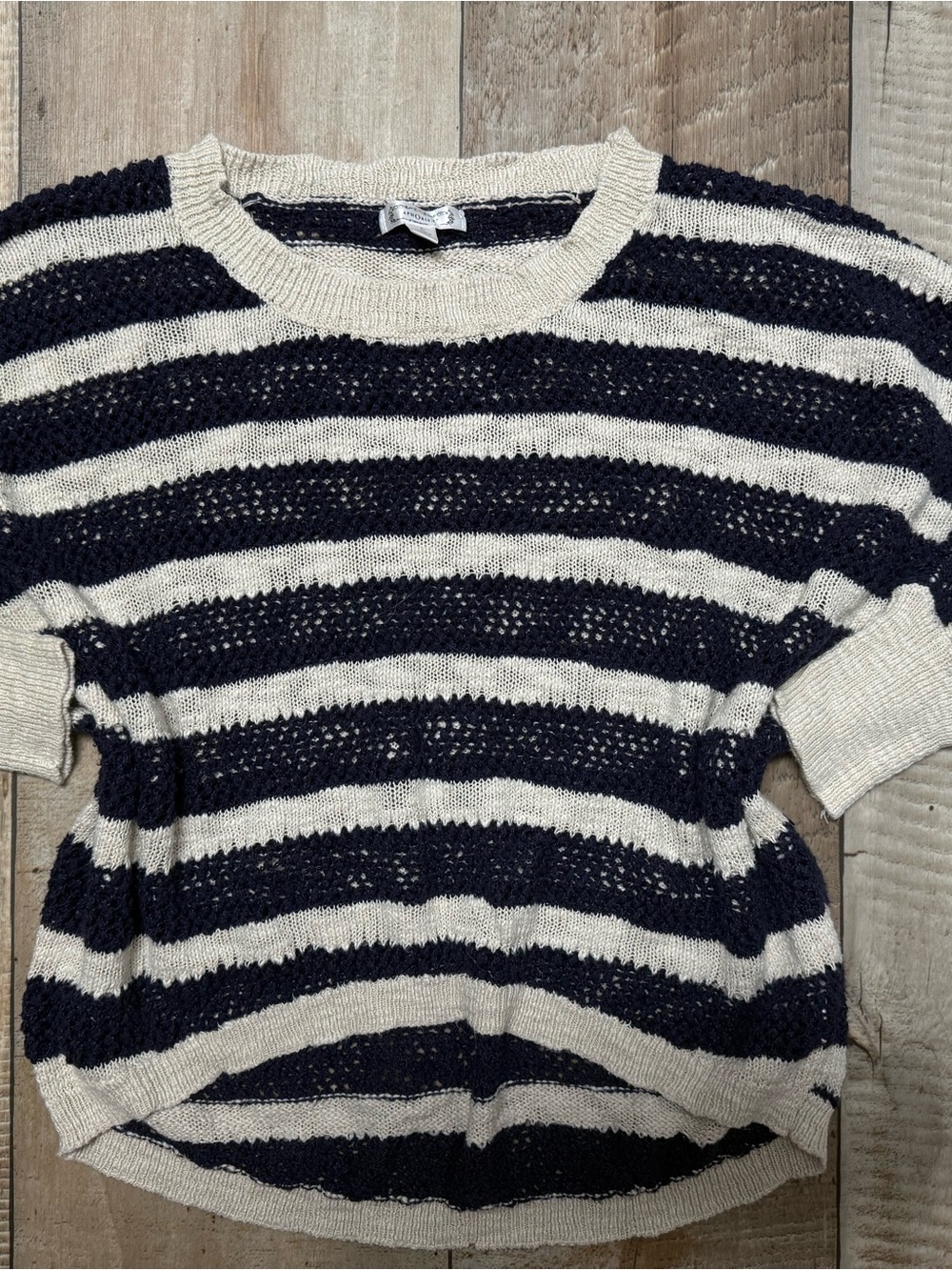 Aphorism Navy and Cream Striped Open-Knit Short Sleeve Sweater